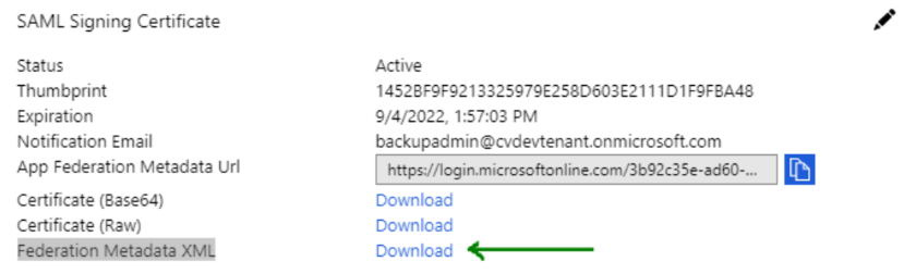 Screenshot of where the Federation Metadata XML download appears in the SAML Signing Certificate section